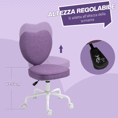Heart-Shaped Desk Chair with 5 Wheels and Adjustable Height in Fabric, 40x50x79-89cm, Purple
