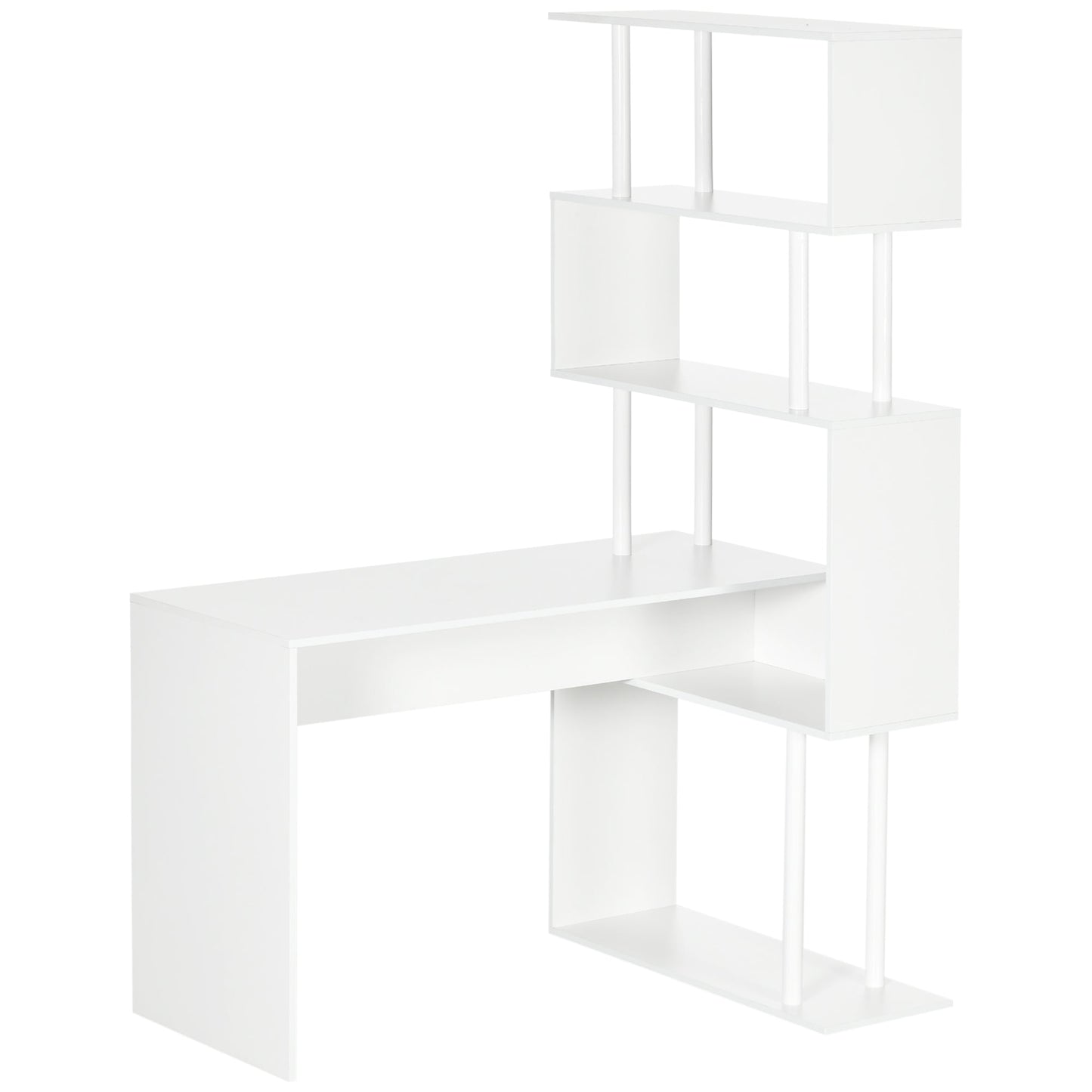 Modern Chipboard Corner Desk for Office and Study with 4-Tier Shelf, 120x80x176 cm, White