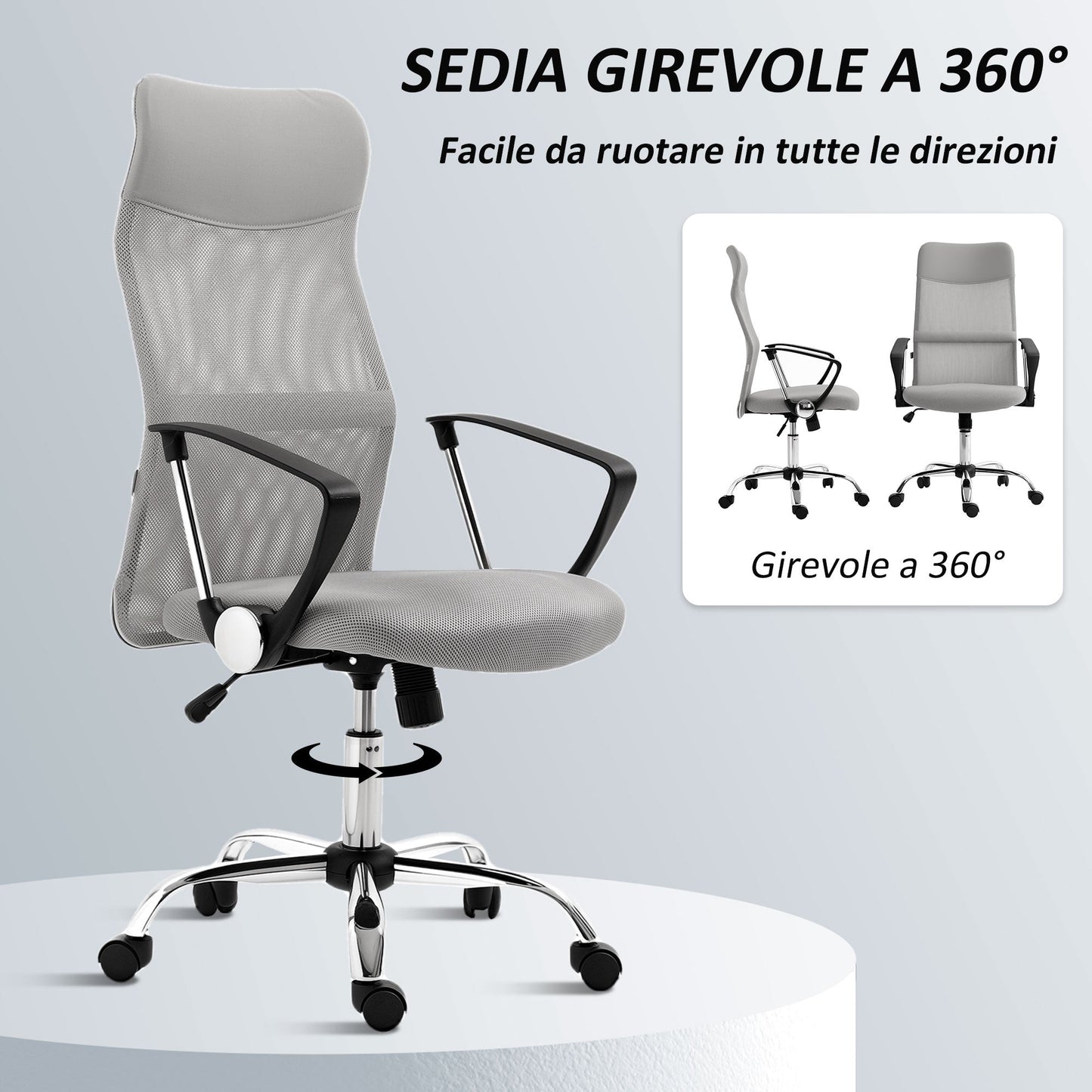 Ergonomic Swivel Office Chair, Height-Adjustable and Mesh Backrest, 63x65x109-119 cm, Light Grey