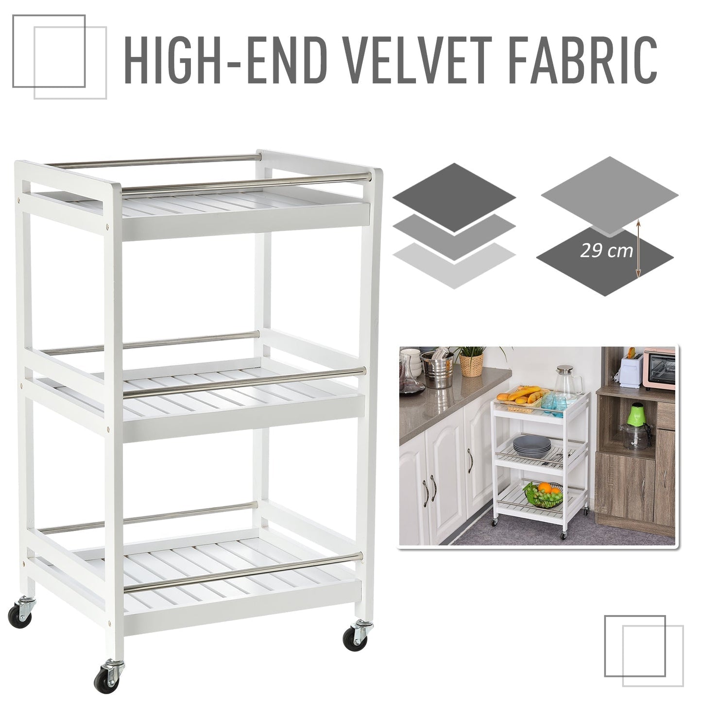SPOON | Wooden Kitchen Trolley with 3 Shelves and Wheels, 45x38x78cm, White