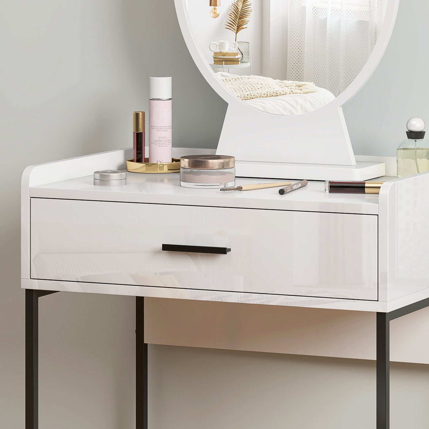 Dressing Table Set with Makeup Mirror, Drawer and Padded Stool, White