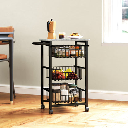 3-Basket Kitchen Trolley with Handle, Steel and Wood, 49.5x31x69 cm, Black and Light Grey