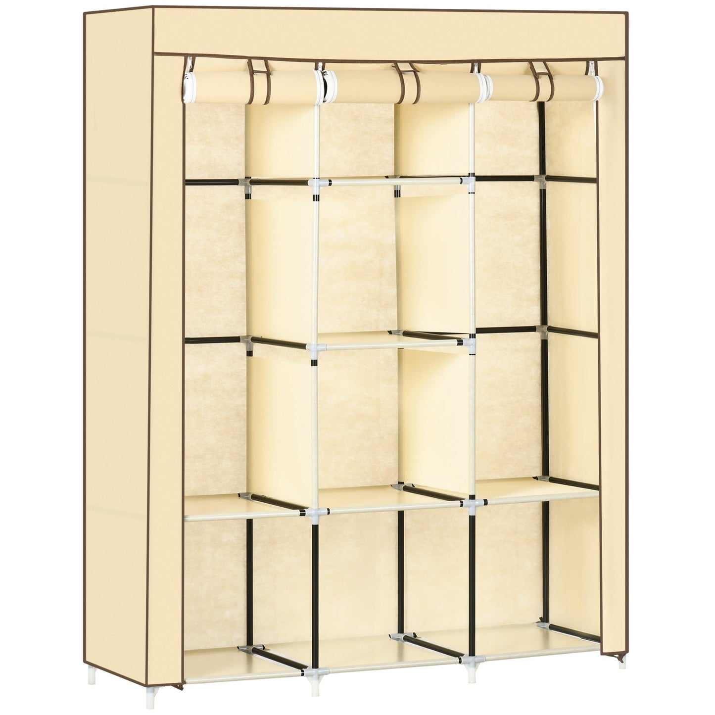 Fabric Wardrobe with 8 Shelves and 2 Rods with Roll Up Door, 125x46x162.5cm, Beige