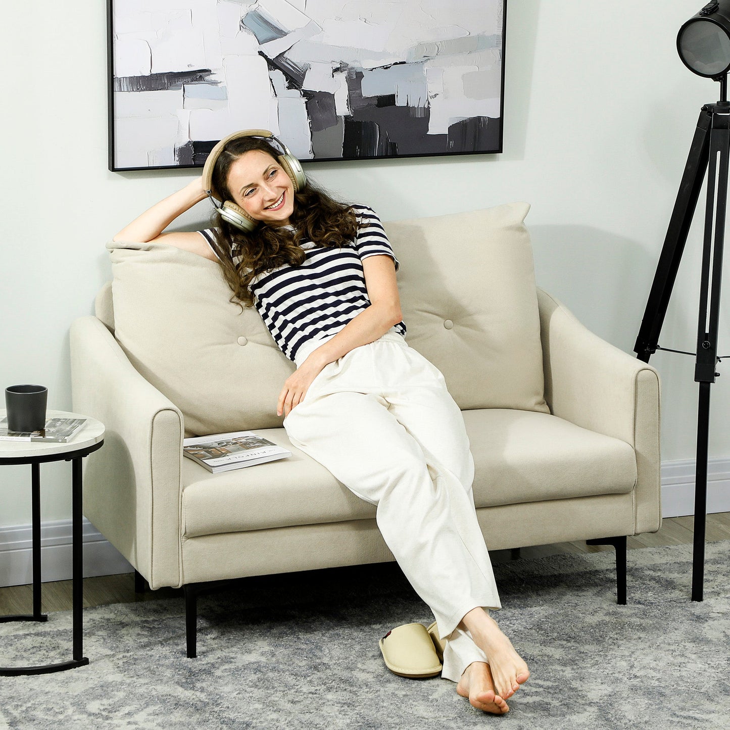 2-Seater Modern Sofa with Quilted Backrest and Velvet Upholstery, 124x73x92 cm, Cream