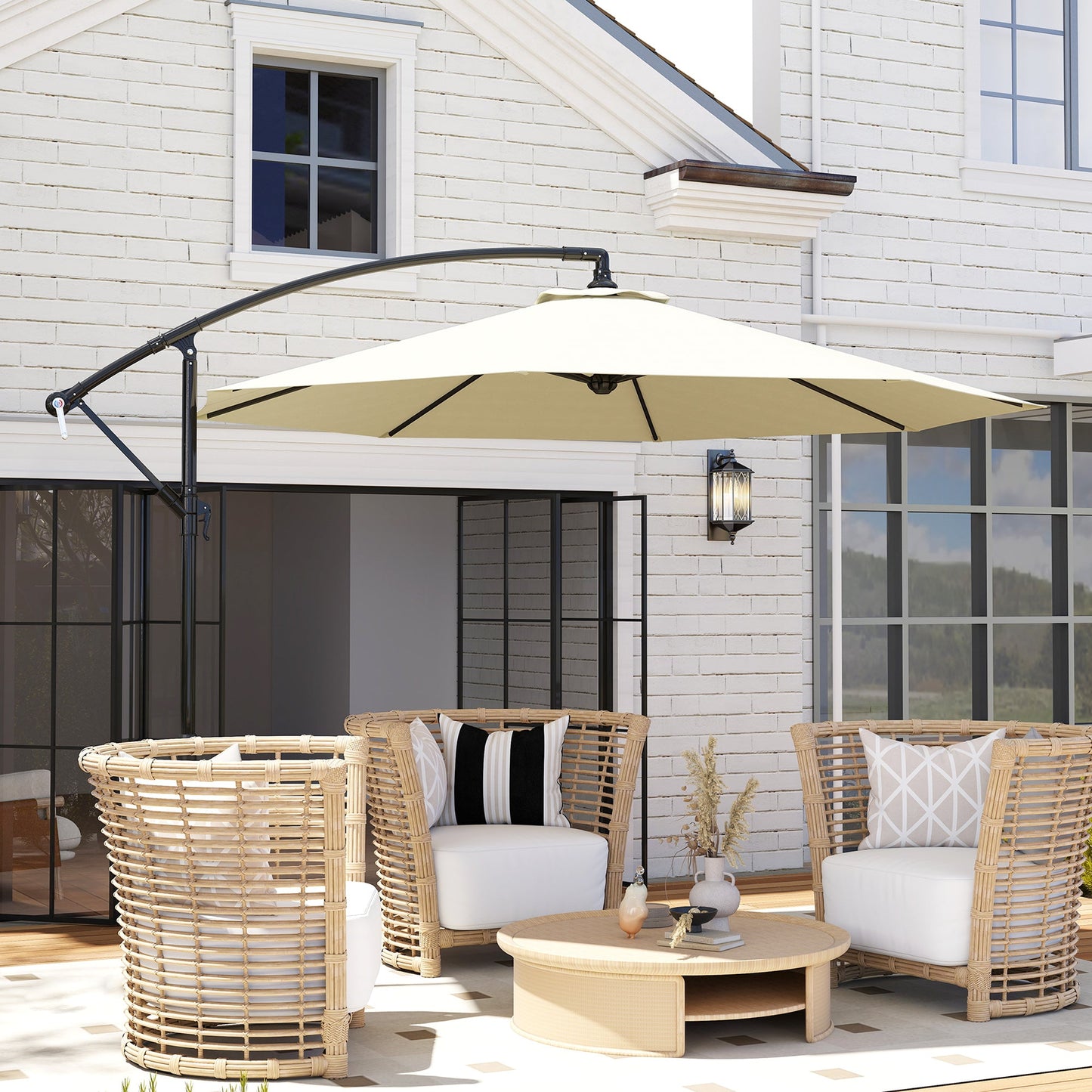 Off-Center Garden Umbrella with Cross Base Included, Metal and Polyester, 3x2.5 m, Beige