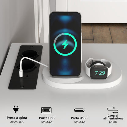 Desk with 2-Tier Bookshelf and Charging Sockets, in Wood and Metal, 100x50x75 cm, White and Black