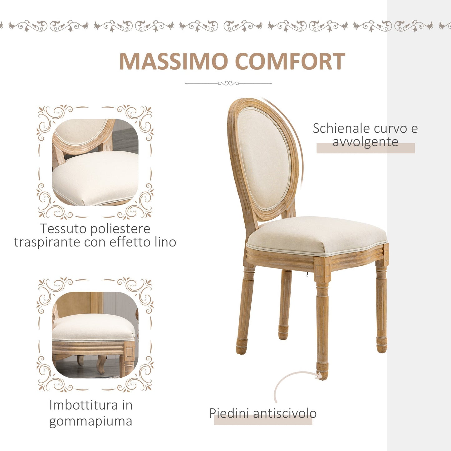 Set of 2 Padded Dining Chairs, Vintage Retro Style Living Room Chairs in Wood and Linen Effect Fabric Cream White 49x56x96cm