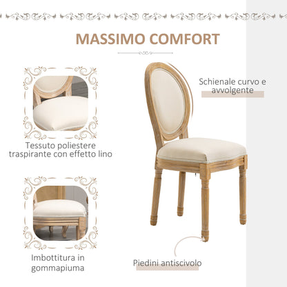 Set of 2 Padded Dining Chairs, Vintage Retro Style Living Room Chairs in Wood and Linen Effect Fabric Cream White 49x56x96cm