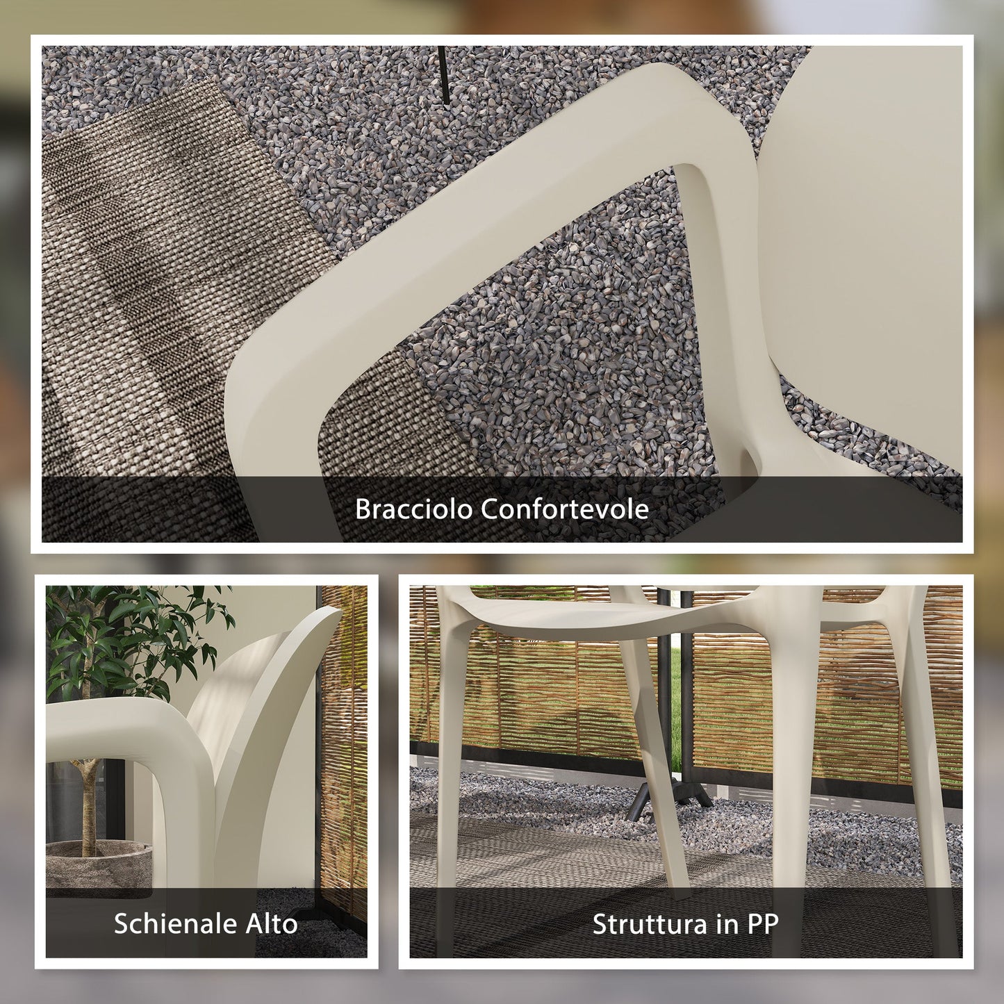 Set of 4 Stackable Garden Chairs in PP with Modern Design with Armrests 60x56x75 cm, White