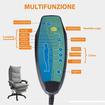 Padded Office Chair with 6 Massage Points, Adjustable Height and Wheels, 70x62x120-130 cm, Grey