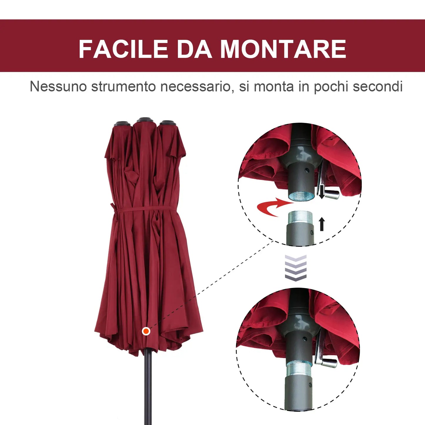 Double Garden Umbrella with Crank Opening, in Steel and Polyester, 460x270x240 cm, Red