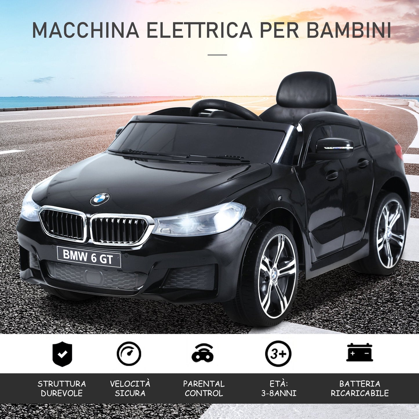 BMW 6GT 6V Electric Ride-On Toy Car, Remote Control Car with Music and LED Headlights, MP3 Player, Horn, 106 x 64 x 51 cm, Black