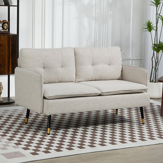 2-Seater Sofa in Linen Effect Fabric with Steel Legs and Padded Cushions, 139x68x80 cm, Cream White
