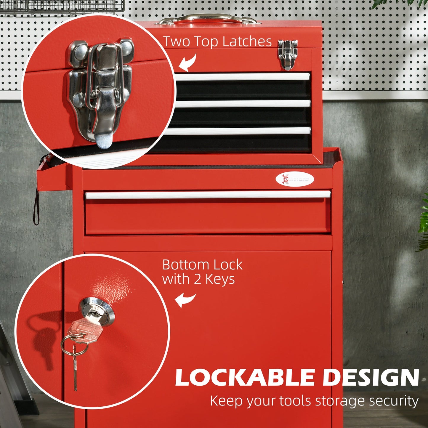 2-in-1 Tool Cart with Removable Toolbox and Lockable Steel Cabinet, Red