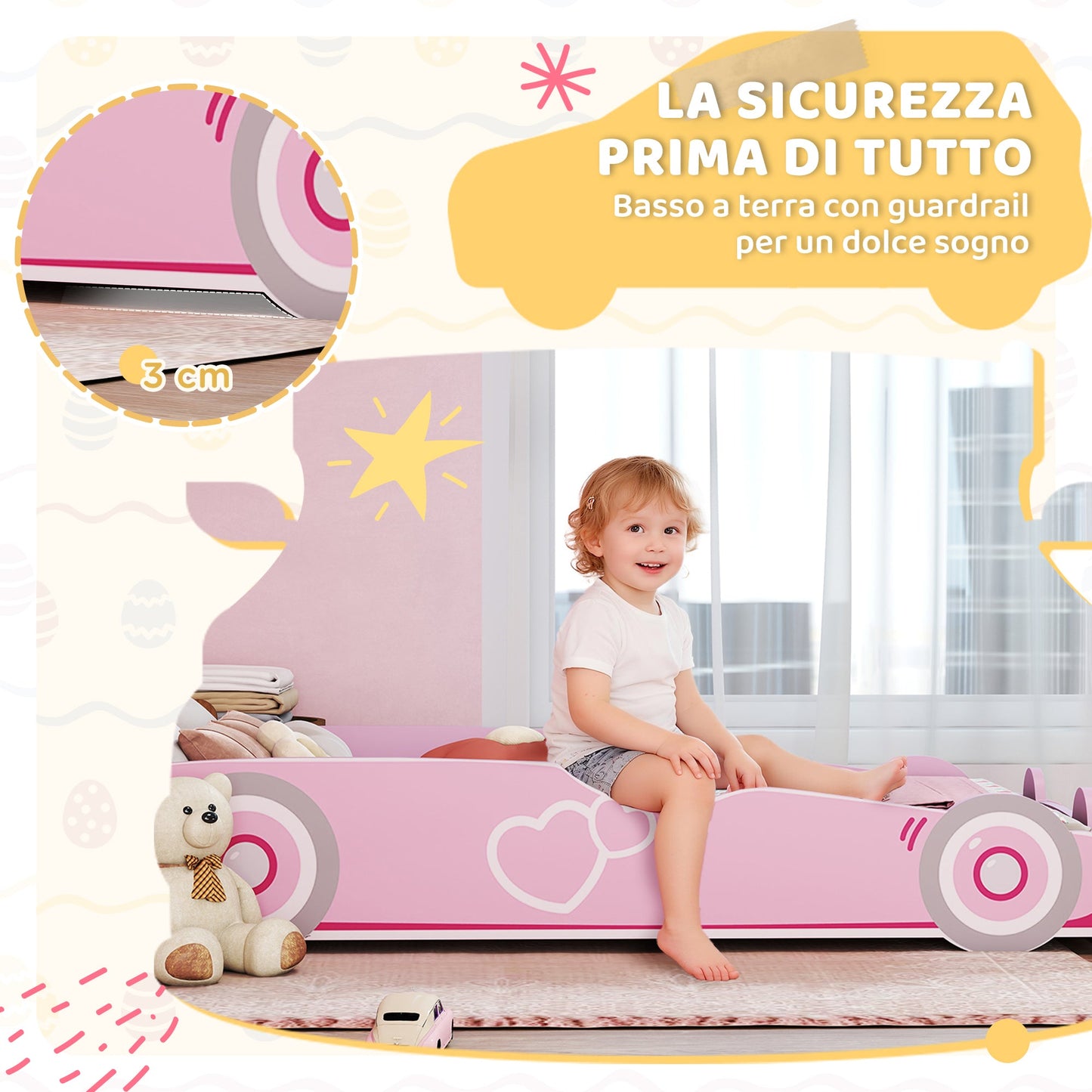 Car-Shaped Children's Bed with Raised Safety Sides for 3-5 Year Olds, 140x70 cm, Pink