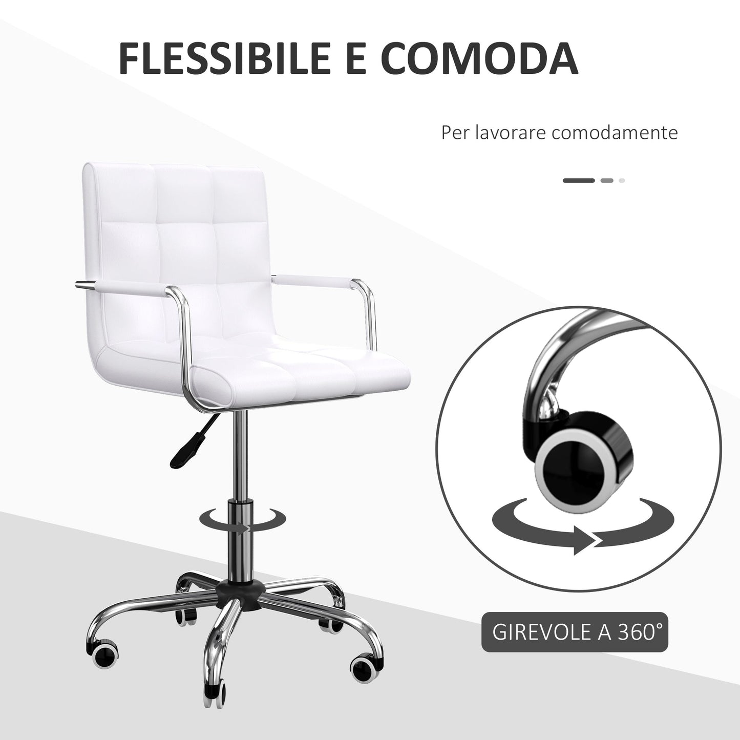 White PU Leather Office Chair with 5 Swivel Wheels, Padded and Adjustable Height, 52.5x54x84-99cm