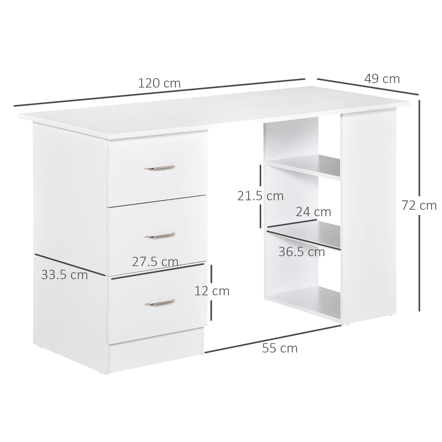 Computer Desk with 3 Drawers and 3 Shelves, Wooden Desk for Bedroom and Office 120x49x72cm White