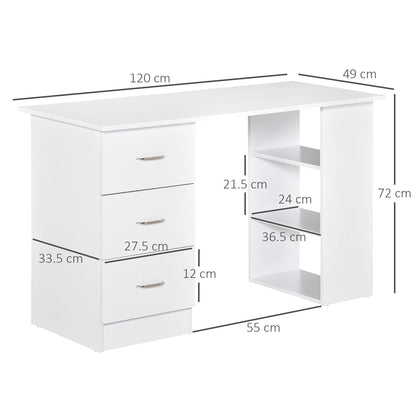 Computer Desk with 3 Drawers and 3 Shelves, Wooden Desk for Bedroom and Office 120x49x72cm White