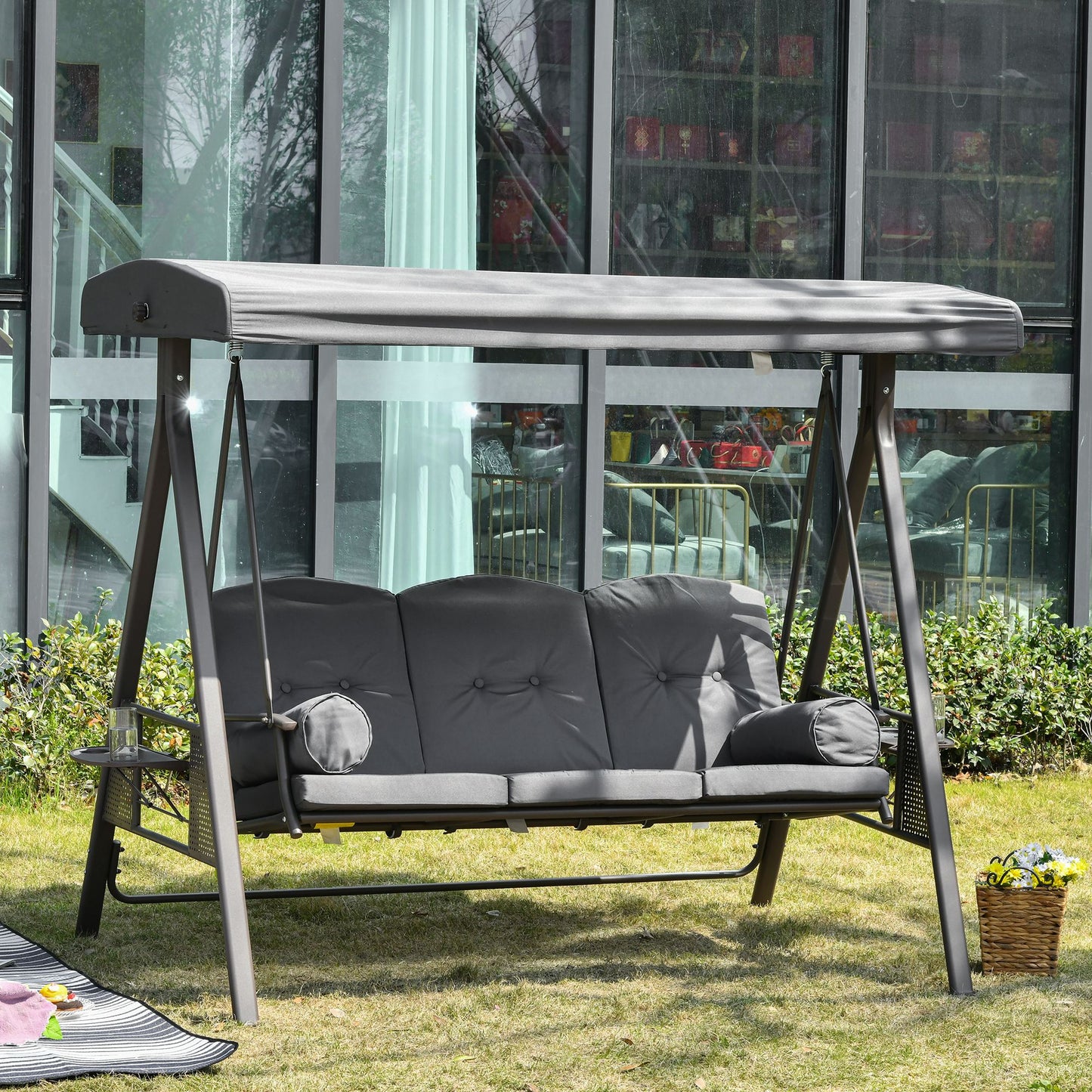 3-Seater Garden Swing with Adjustable Roof, Cup Holder and Cushions, 208x120x172 cm, Grey