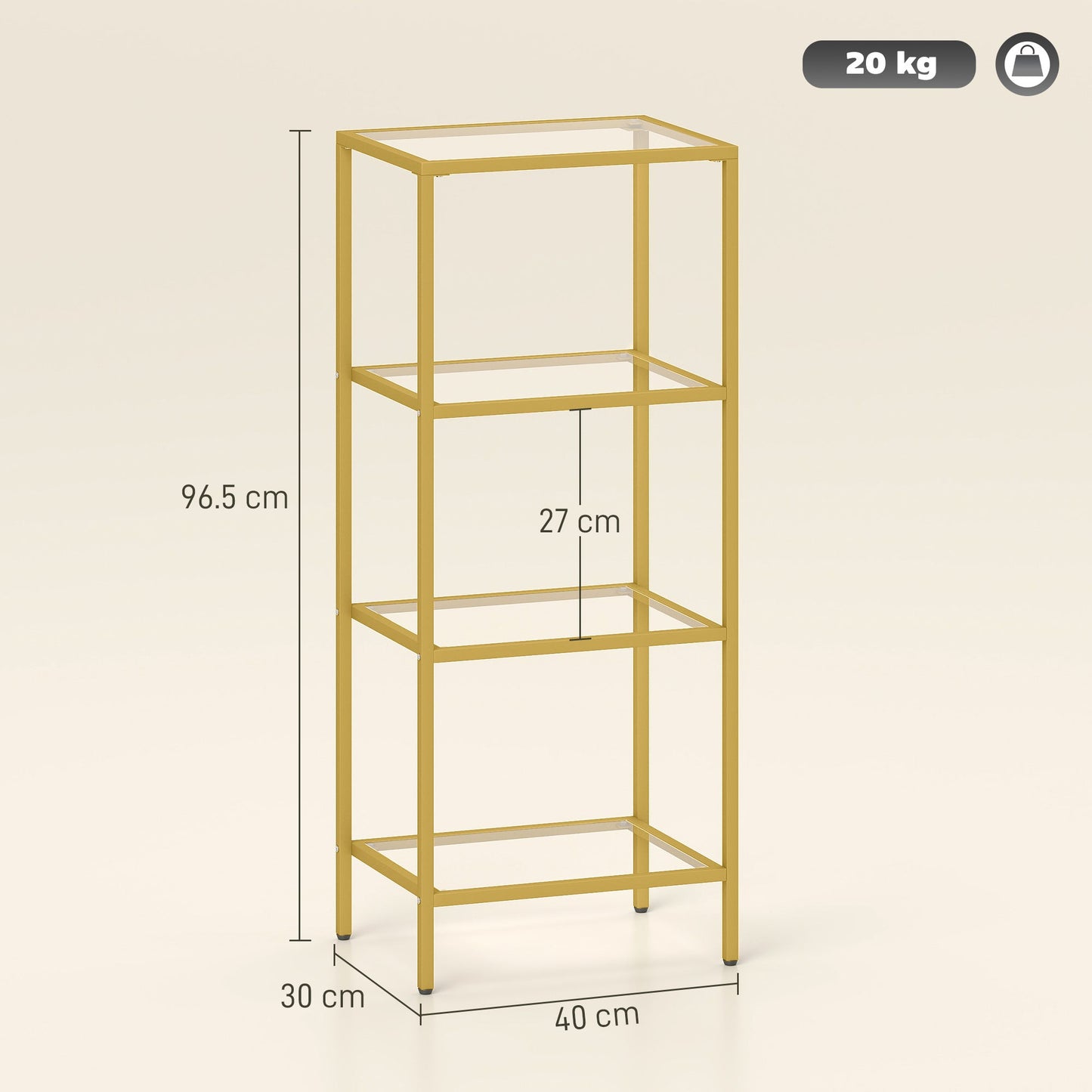 Minimalist 4-Tier Metal and Tempered Glass Shelf Unit, 40x30x96.5 cm, Gold