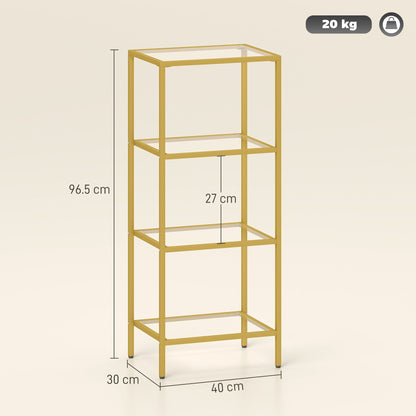 Minimalist 4-Tier Metal and Tempered Glass Shelf Unit, 40x30x96.5 cm, Gold