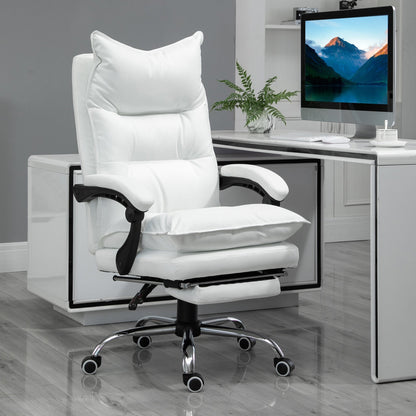 White Faux Leather Office Chair, Adjustable Height with 155° Reclining Backrest and Footrest