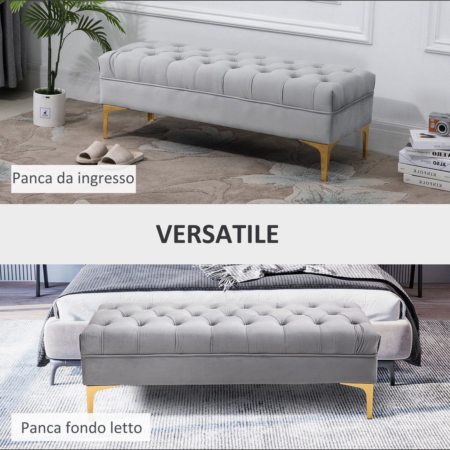 Upholstered Bench Bed Base in Velvet Fabric and Gold Metal Base, 118x45x42cm, Grey