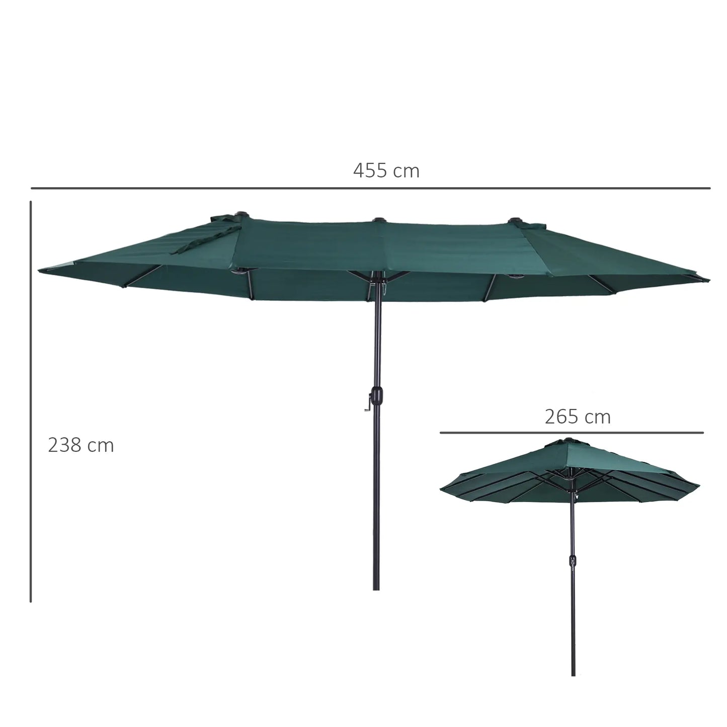 Double Garden Umbrella with Crank Opening, in Steel and Polyester, 455x265x238cm, Dark Green