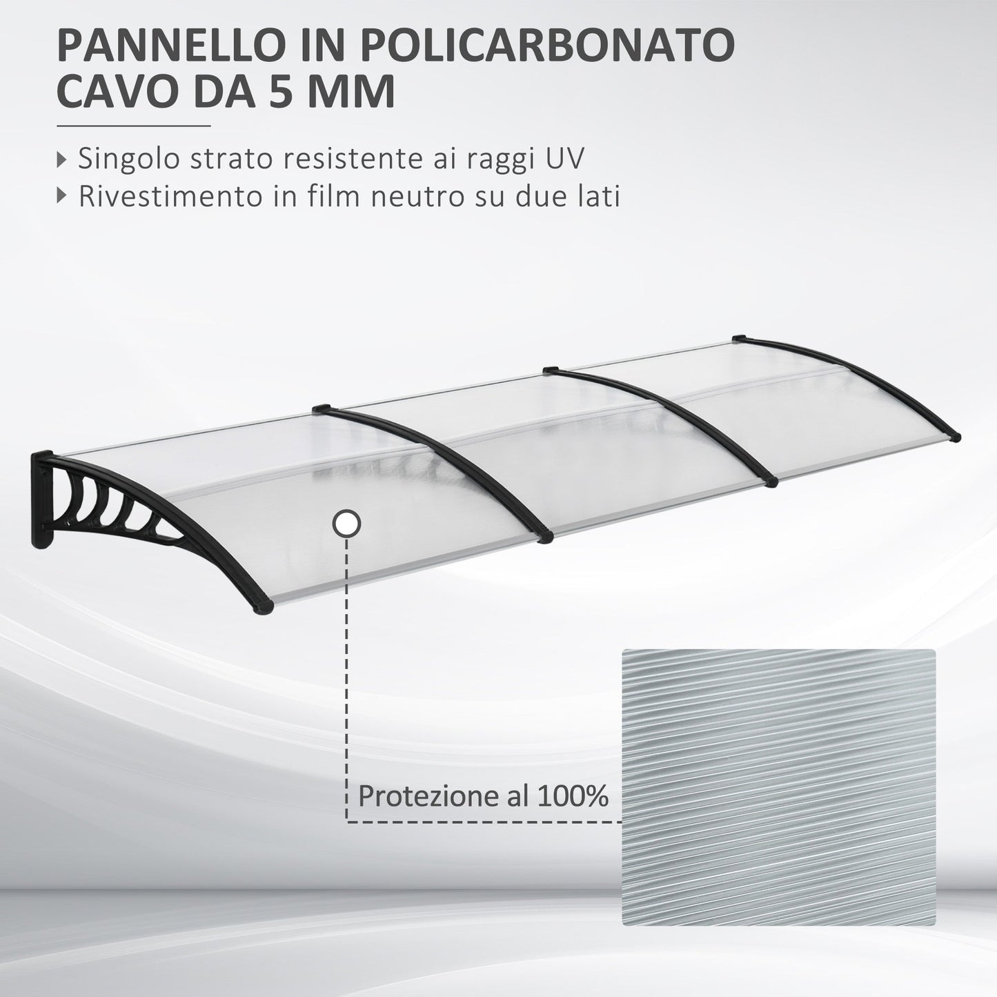 Polycarbonate and Aluminum Canopy for Balconies, Windows and Doors, 303x96x27 cm, Black and Transparent