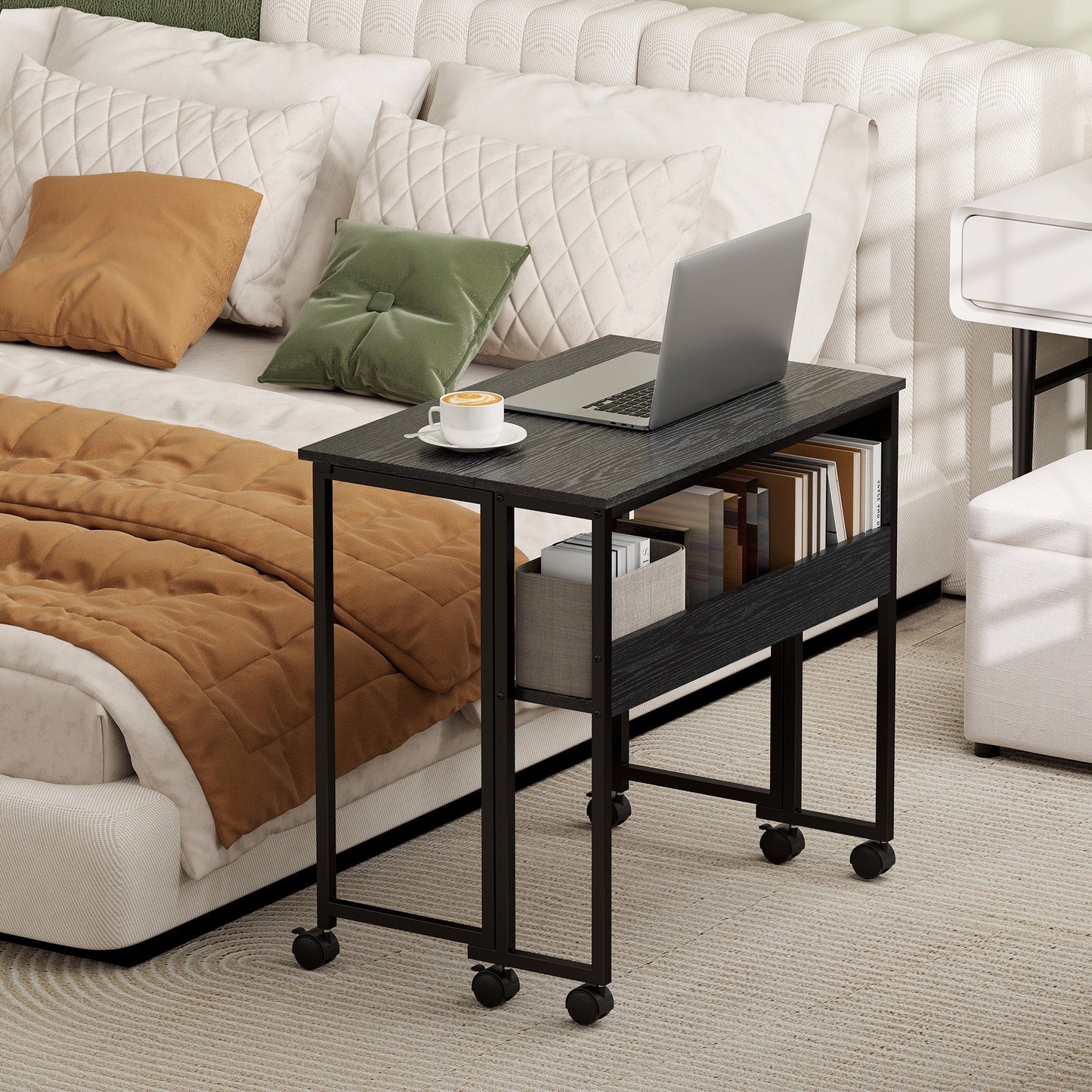 Space-Saving Folding Drop-Leaf Desk with Shelf, Storage Pocket and Wheels, Black