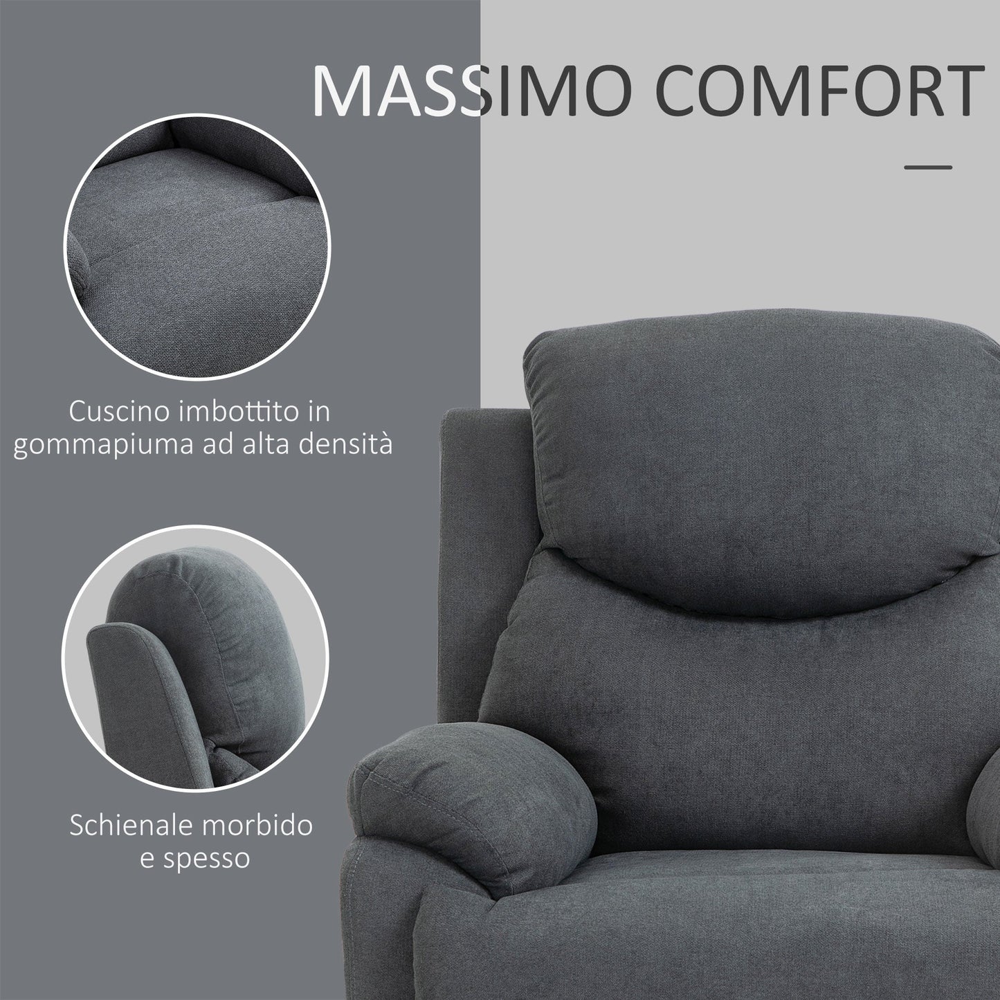 Ergonomic Manual Fabric Relax Chair, 150° Reclining Chair and Footrest for Home and Office, 93x88x102cm, Dark Grey