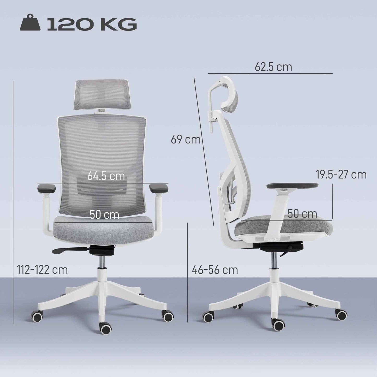 Ergonomic and Breathable Office Chair with 4D Dynamic Lumbar Support, 64.5x62.5x112-122 cm, Multicolor