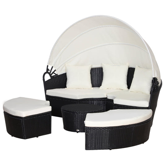 4-Piece Circular Garden Sofa Set, Modular Black Rattan Furniture, Beige Canopy and Cushions 180x175x147cm