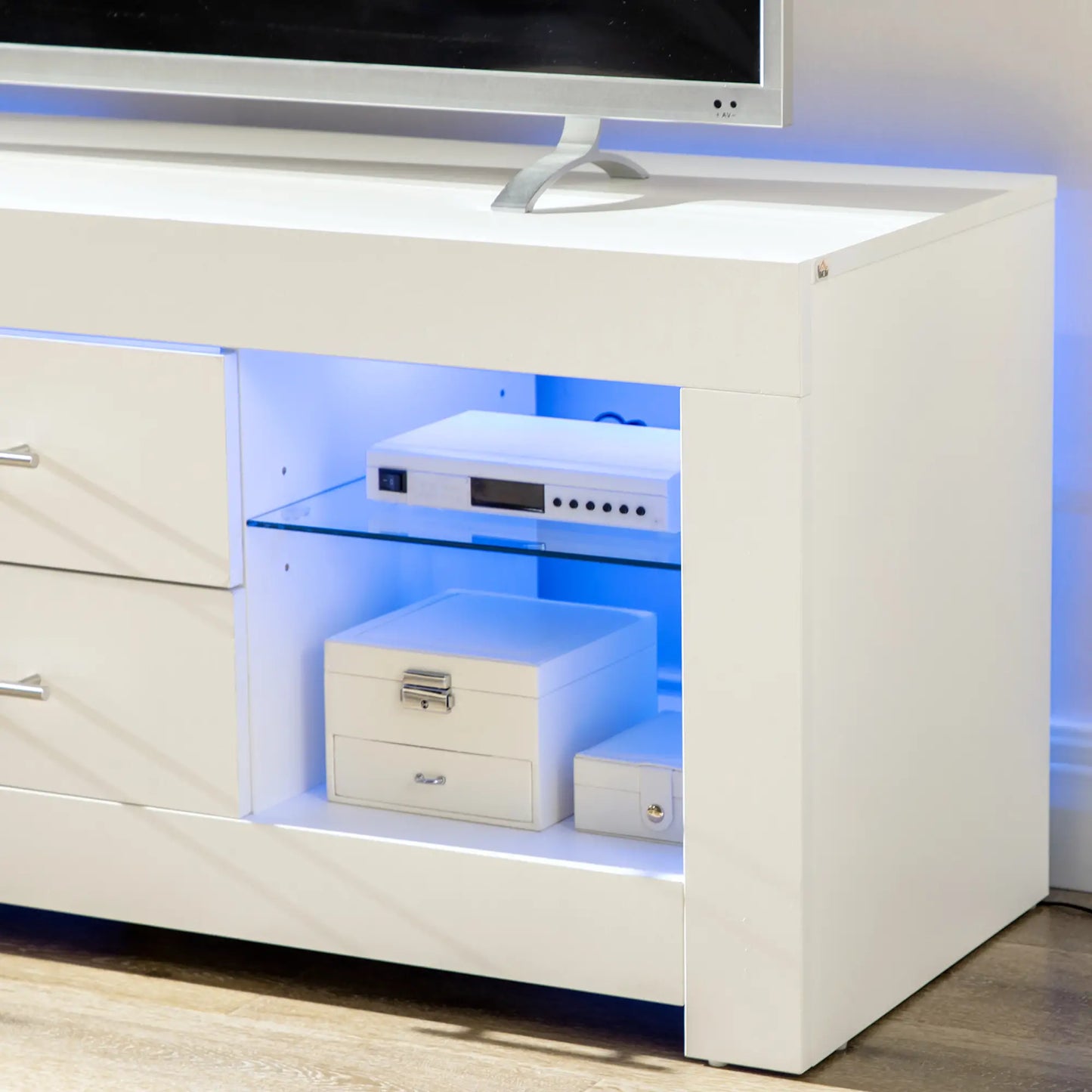 55" TV Stand with 12 Color LED Lights and Remote Control, Wood and Glass 120x40x50cm, White