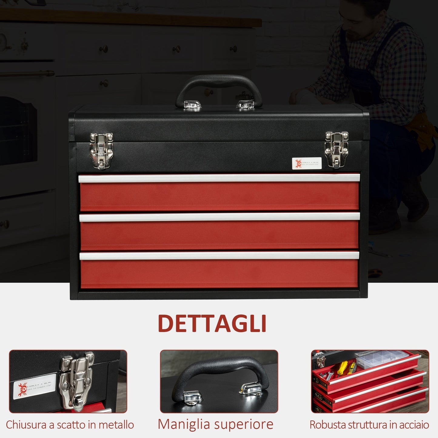 Steel Tool Box with 3 Drawers and Top Tray, 51x22x32 cm, Red and Black
