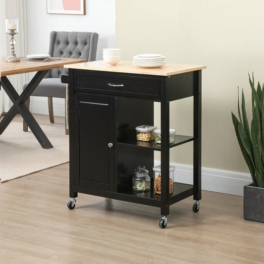 Wooden Kitchen Cart with Drawer, Cabinet and Wheels, 83x45x88cm, Black