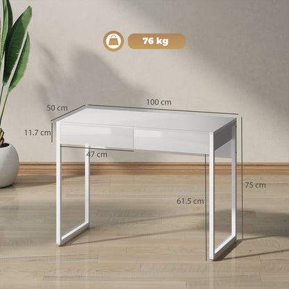 Modern Desk with 2 Drawers and Steel Legs, 100x50x75 cm, Gloss White