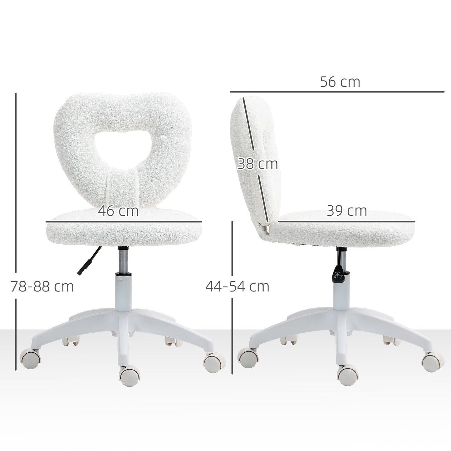 Padded Office Chair with Heart-Shaped Backrest and Wheels, in Teddy Velvet and Plastic, 45x56x78-88 cm, White