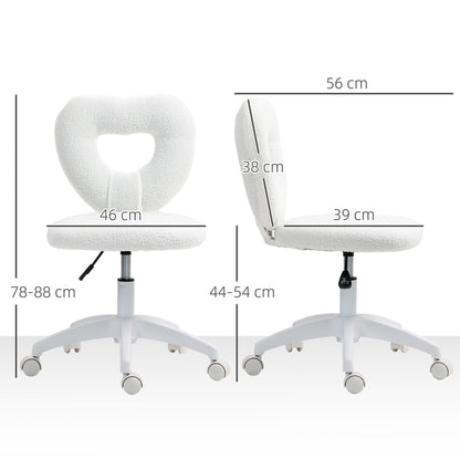 Padded Office Chair with Heart-Shaped Backrest and Wheels, in Teddy Velvet and Plastic, 45x56x78-88 cm, White