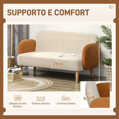 Nordic Style 2 Seater Sofa in Velvet Effect Fabric and Wood, 138x73x74 cm, Cream and Orange