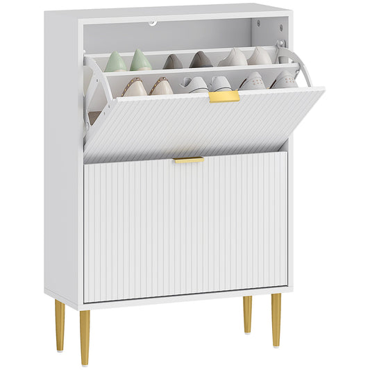 Slim Shoe Rack for 12 Pairs of Shoes with 2 Drop-Down Drawers and Adjustable Shelves, 60x24x91.5 cm, White