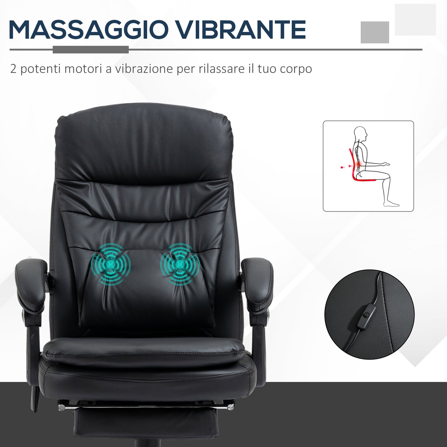 Faux Leather Massage Office Chair with USB Port, 64x69x107-115cm, Black