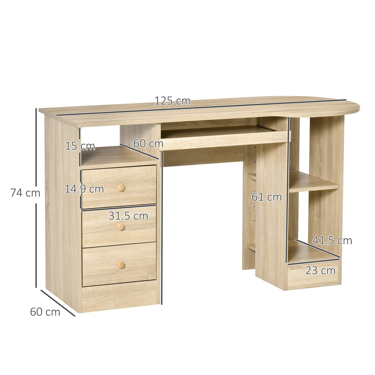 Desk from PC to Office with shelves, drawers and wooden headboard, 125x60x74cm