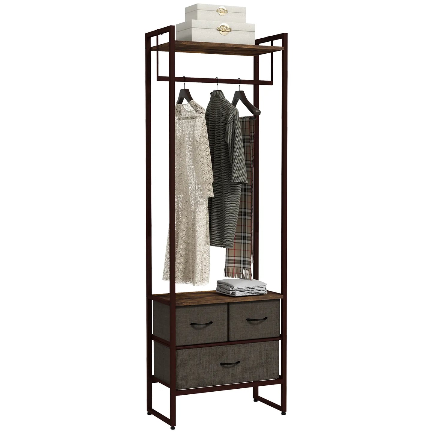 Coat Rack with Rod, 3 Drawers and Shelves, in MDF Wood and Steel, 58.5x30x178 cm, Brown