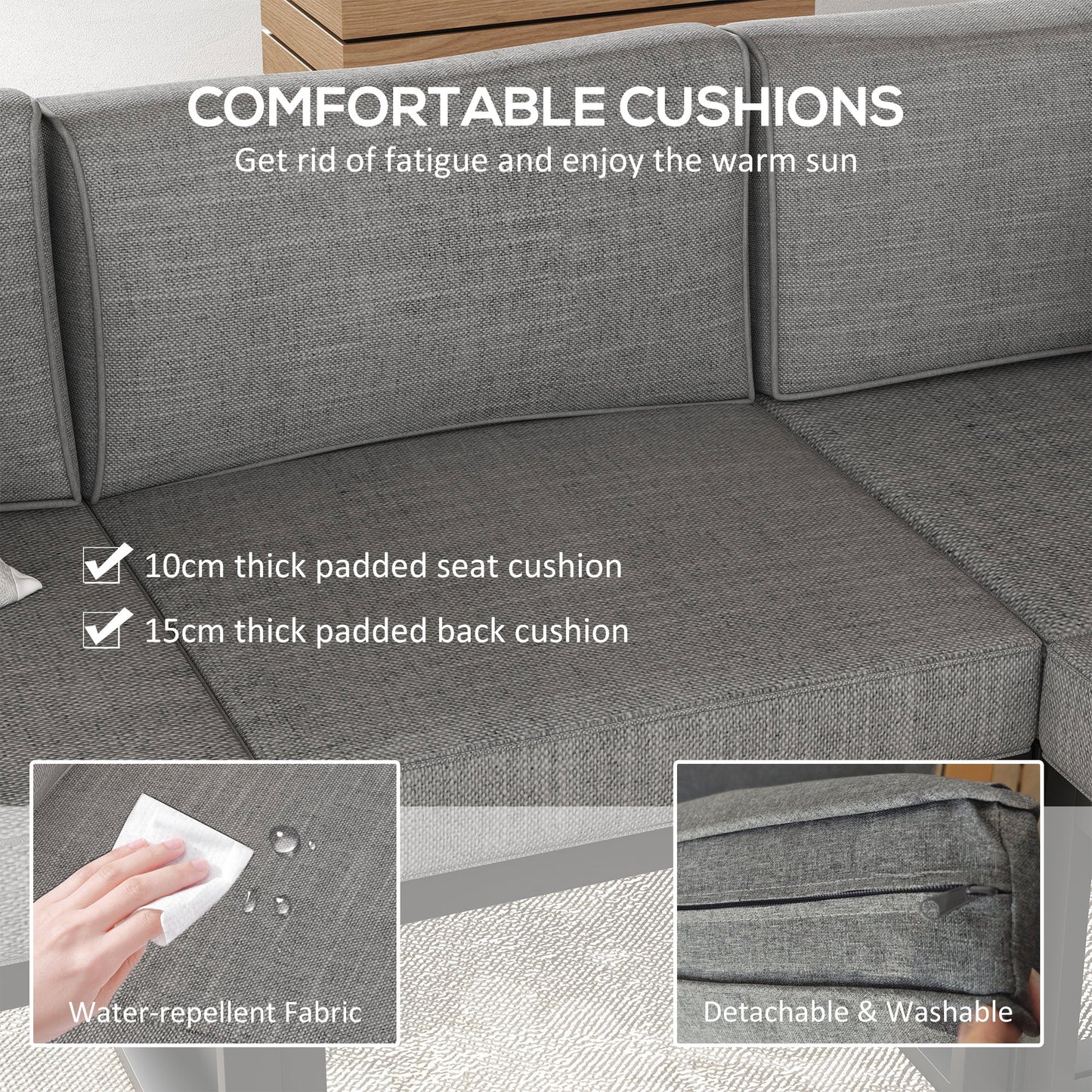 Lounge Set with Sofa and Coffee Table in Aluminum with Padded Cushions, Grey