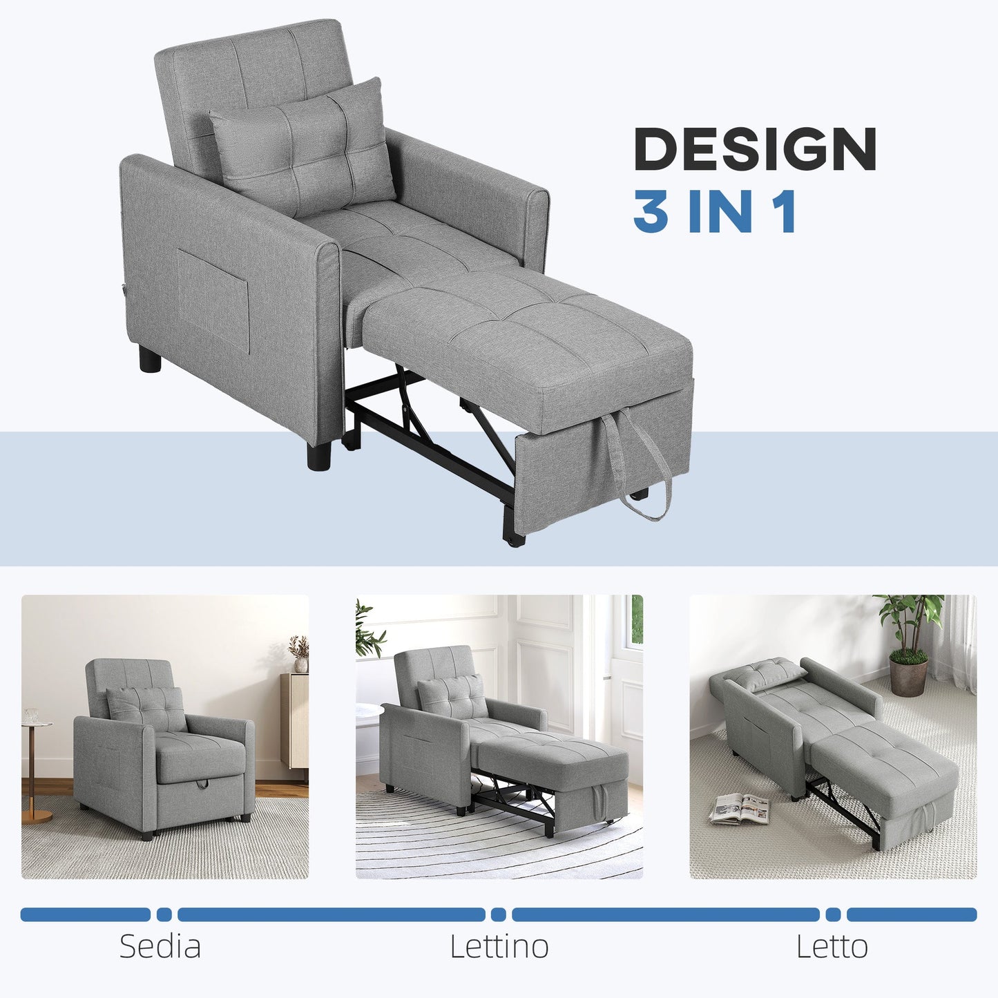 Single Reclining Armchair Bed on 3 Levels with Extra Cushion, 69x82x85cm, Light Grey