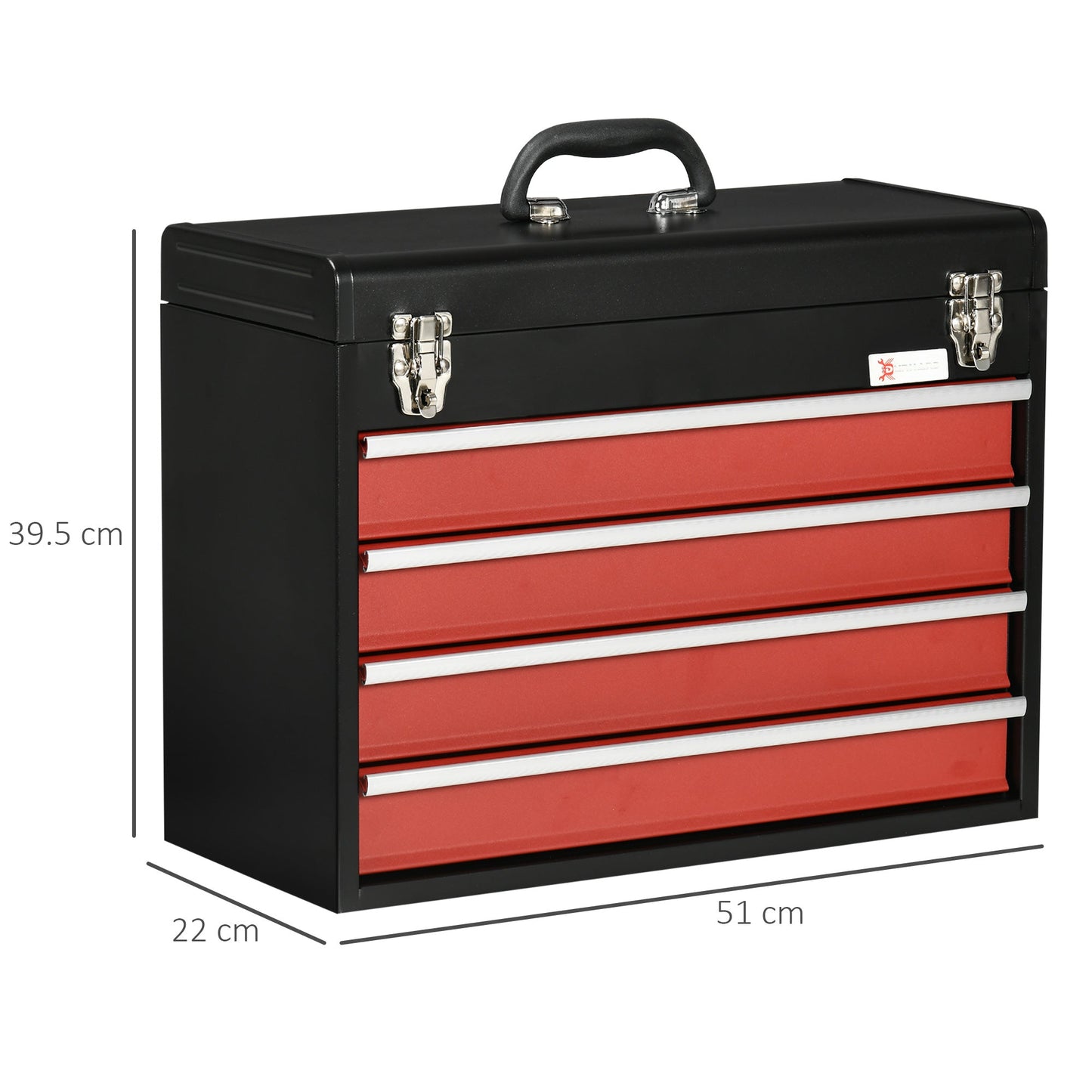Steel Tool Box with 4 Drawers and Top Tray, 51x22x39.5 cm, Red and Black