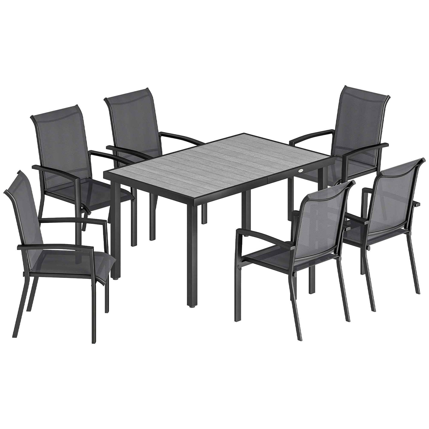 7-Piece Outdoor Set with 2-Section Garden Table and 6 Stackable Texteline Chairs, Grey