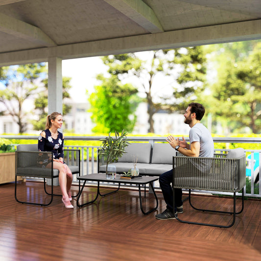 Rattan Garden Set with 2 Seater Sofa, 2 Armchairs and Glass Table, Removable Cushions, Grey