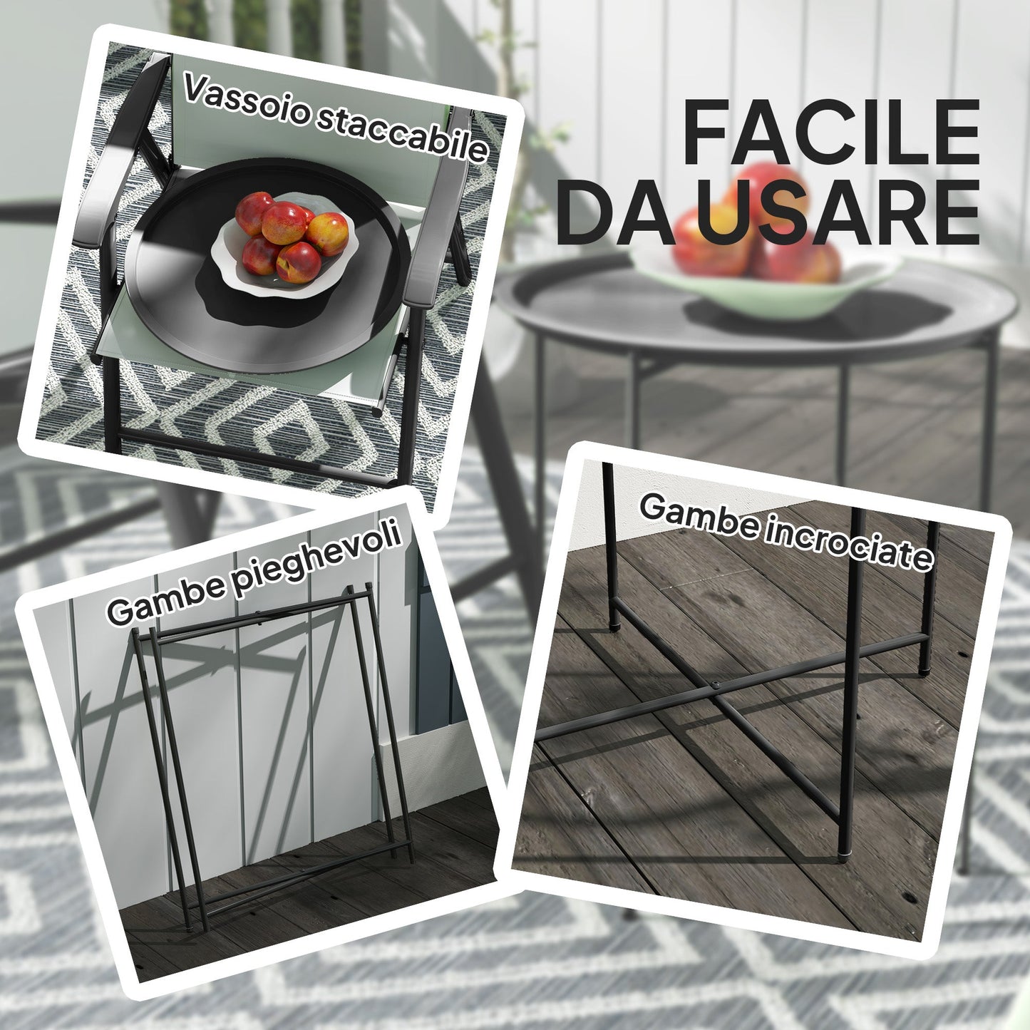 Garden Coffee Table with Removable Tray and Folding Steel Legs, Ø46x50 cm, Black